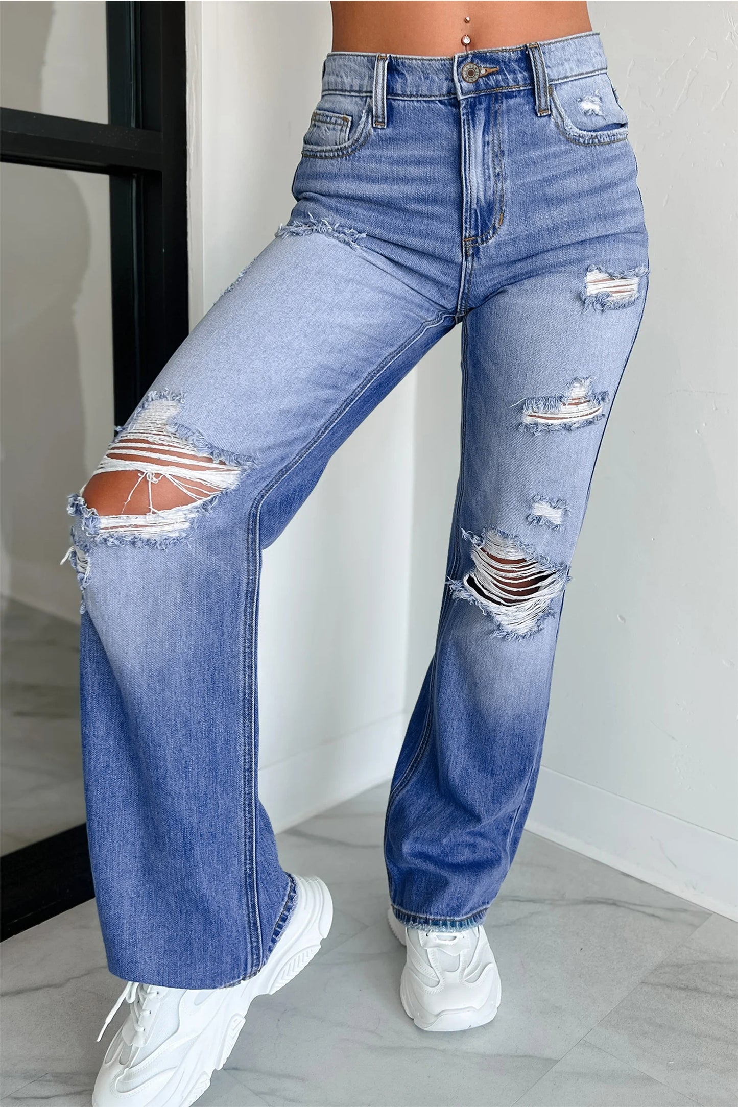 Blue Mid Rise Straight Leg Jeans