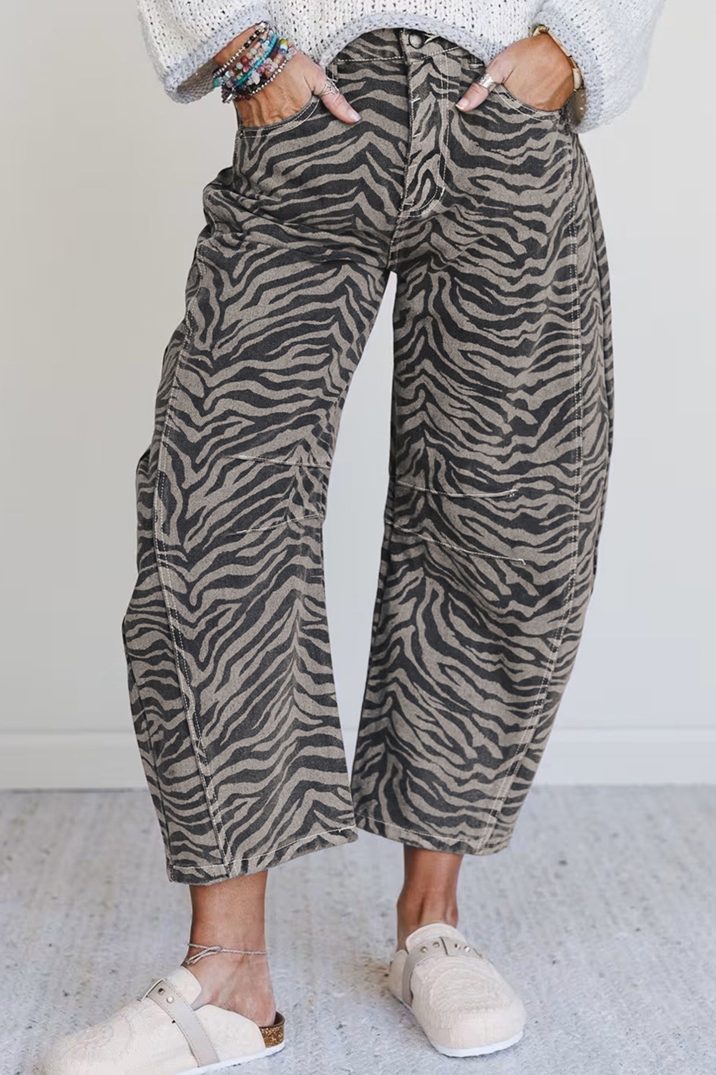 Grey Zebra Barrel Jeans