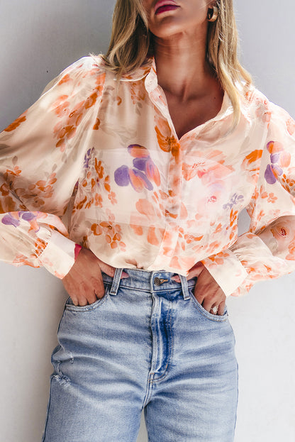 White Floral Print Loose Blouse