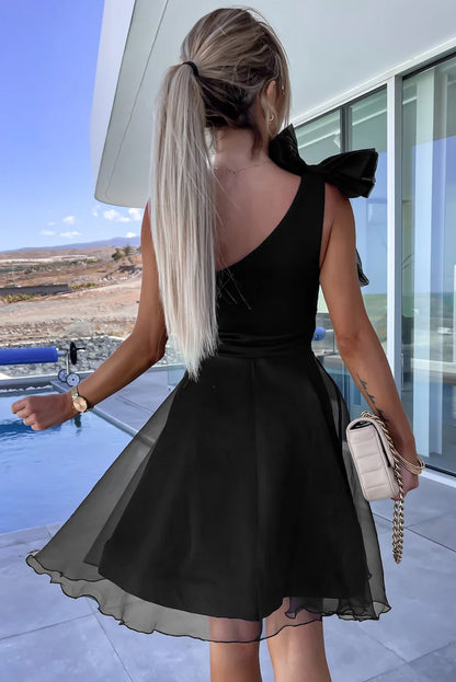 Black Bowtie One-shoulder Tulle Dress