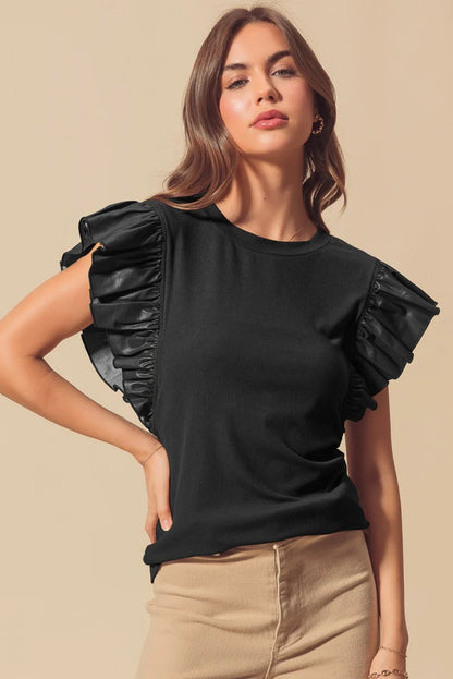 Black Leather Ruffle Sleeve Blouse