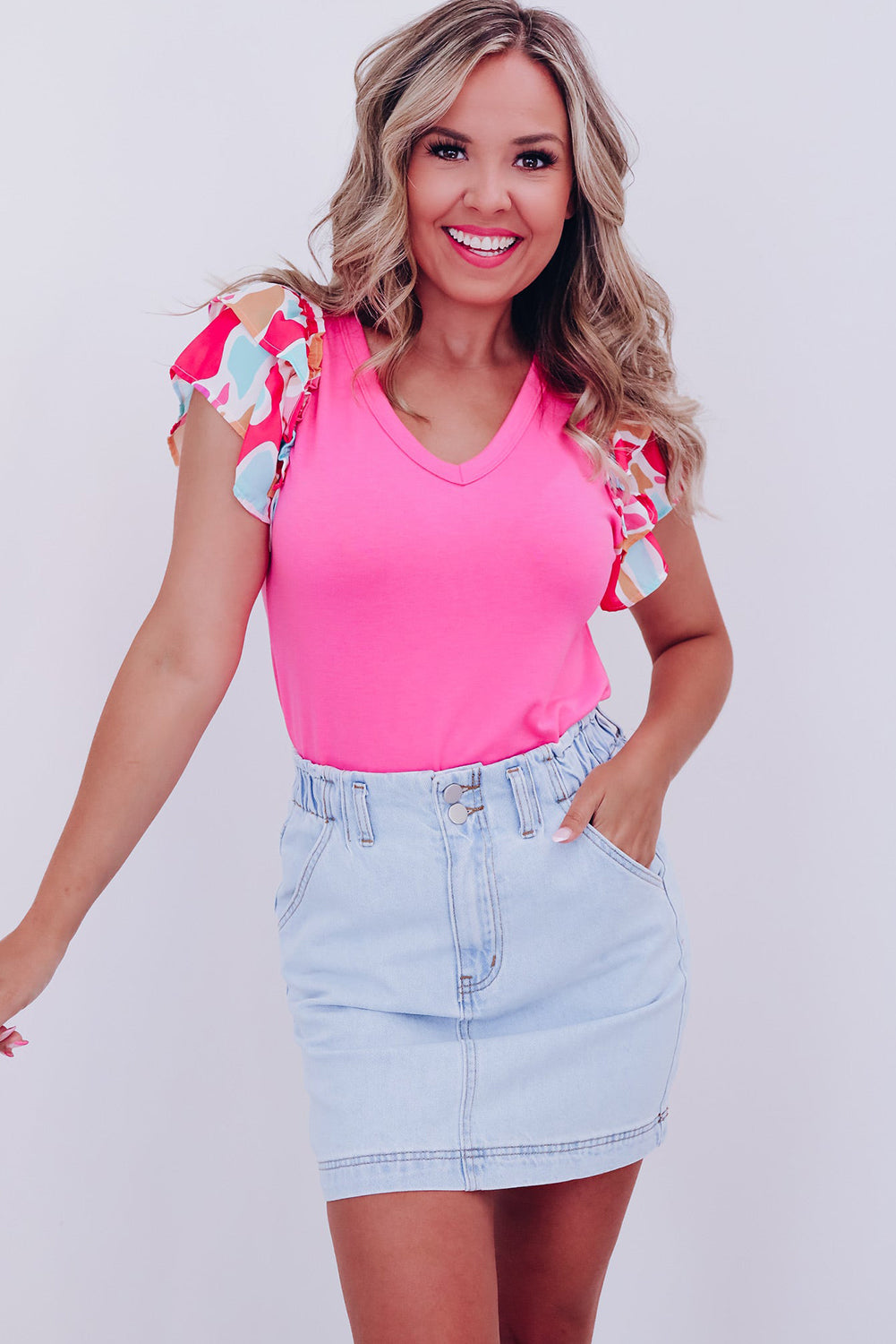 Pink Printed Ruffle Sleeve T-shirt