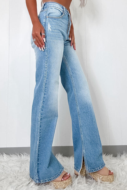 Blue High Rise Shift Slit Leg Straight Jeans