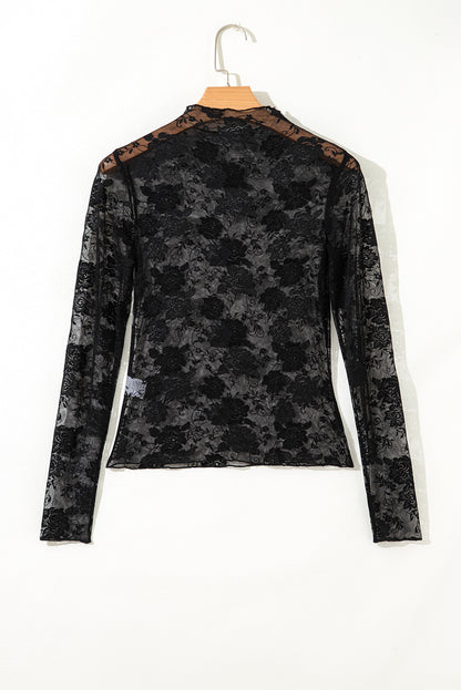 Black Sheer Floral Lace Long Sleeve Top