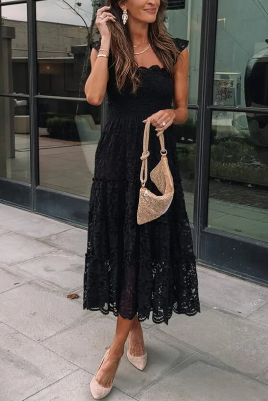 Black Lace Smocked Bodice Midi Dress