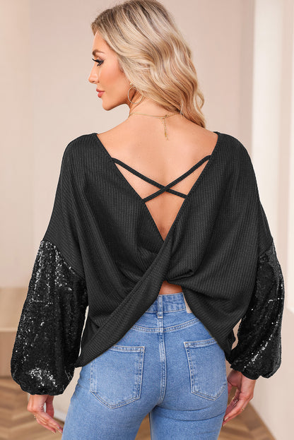 Sequin Open Back Knit Top