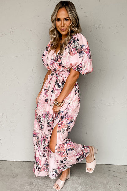 Pink Floral Puff Sleeve Maxi Dress