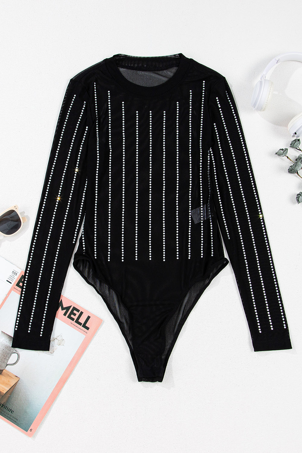 Black Rhinestone Striped Mesh Bodysuit