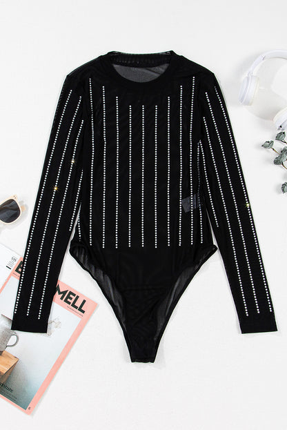 Black Rhinestone Striped Mesh Bodysuit