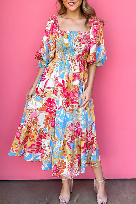 Rose Red Tropical Puff Sleeve Maxi Dress