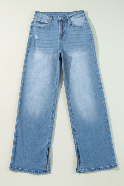 Blue High Rise Shift Slit Leg Straight Jeans