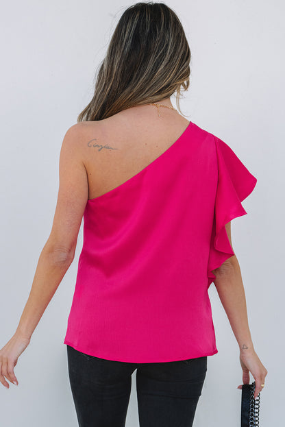 Pink Asymmetric Shoulder Ruffle Blouse