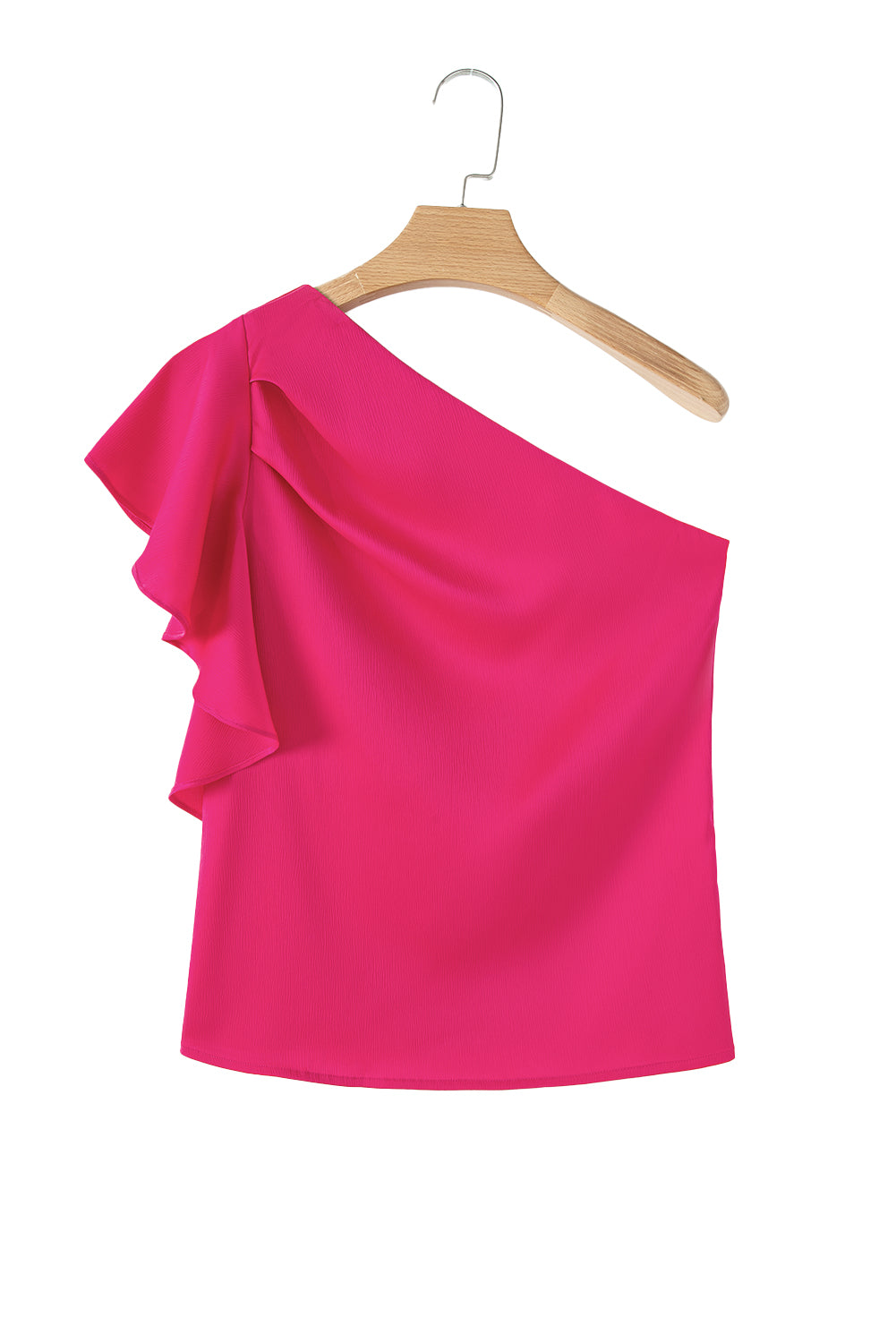 Pink Asymmetric Shoulder Ruffle Blouse