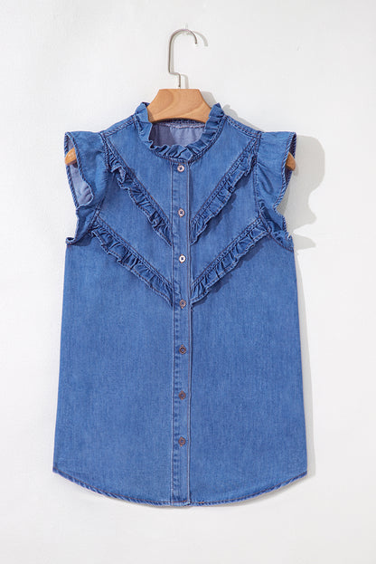 Blue Frilled Button Up Denim Shirt