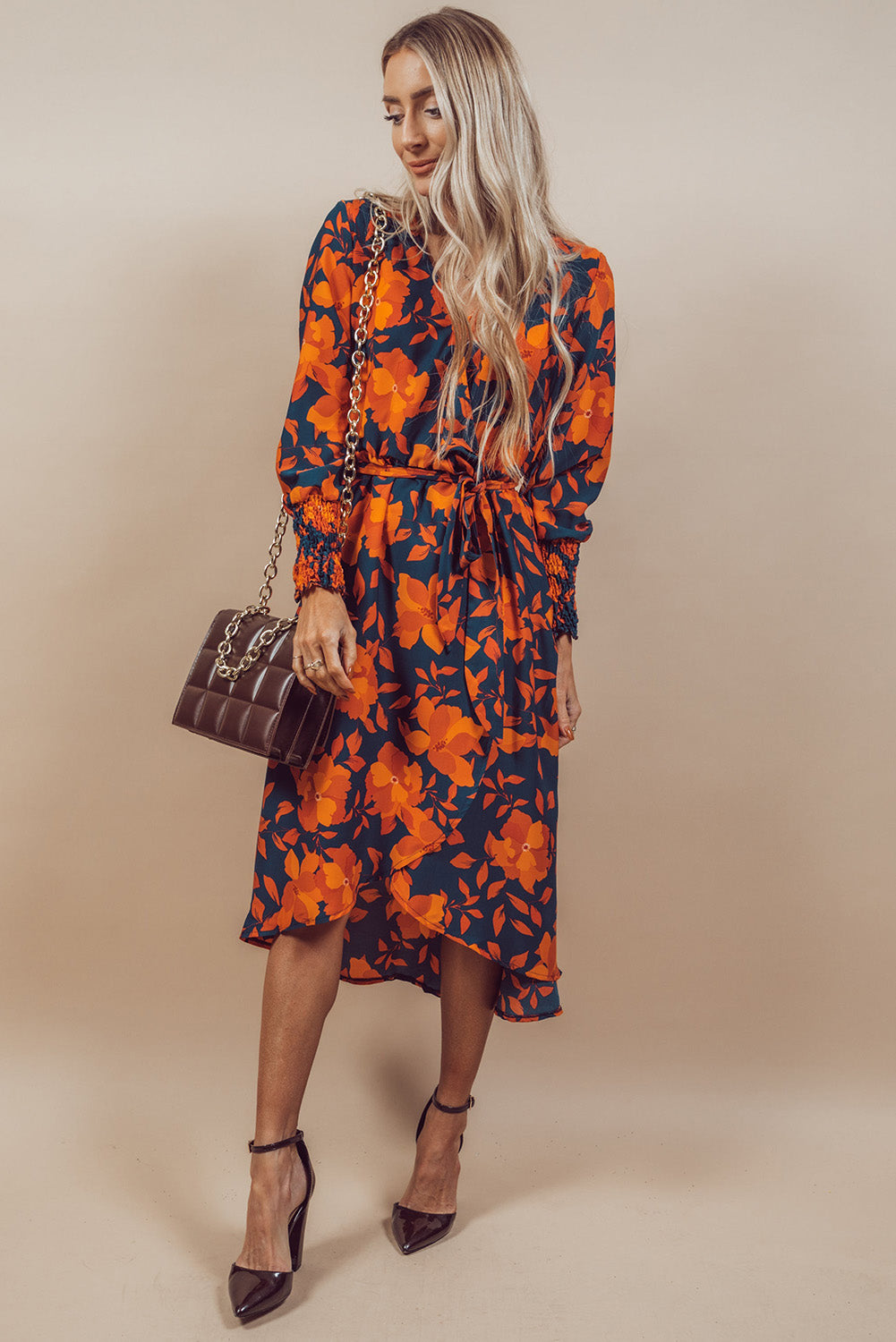 Orange Floral Faux Wrap Dress