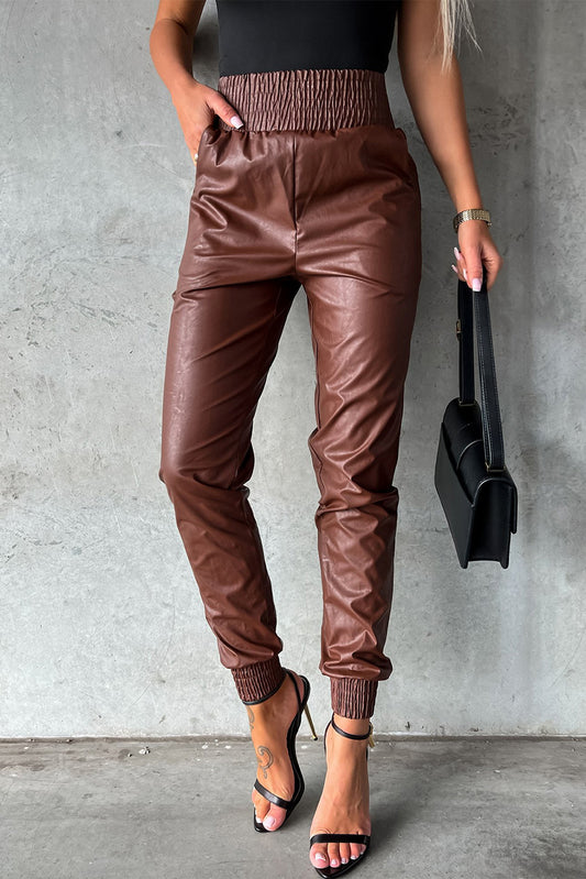 Brown High-Waist Leather Joggers