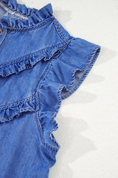 Blue Frilled Button Up Denim Shirt
