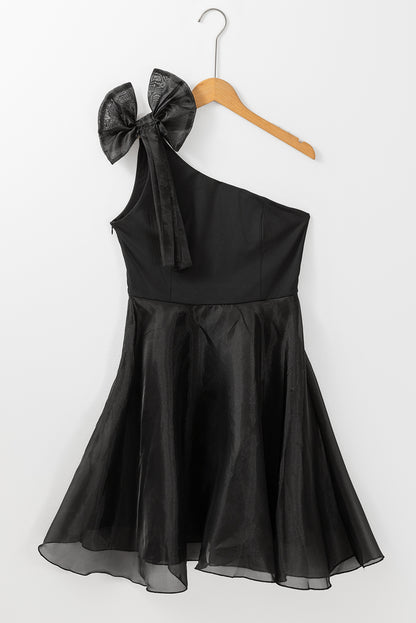 Black Bowtie One-shoulder Tulle Dress