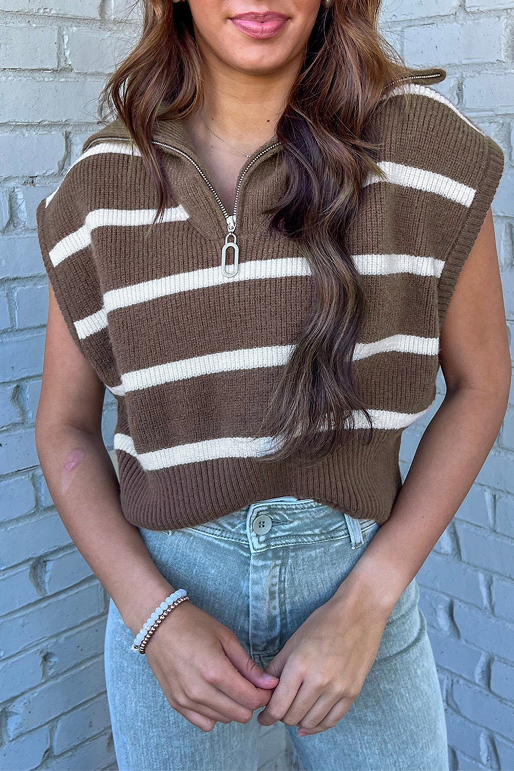 Stripe Zipped Collar Knit Top