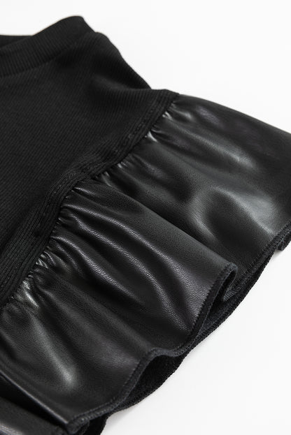 Black Leather Ruffle Sleeve Blouse