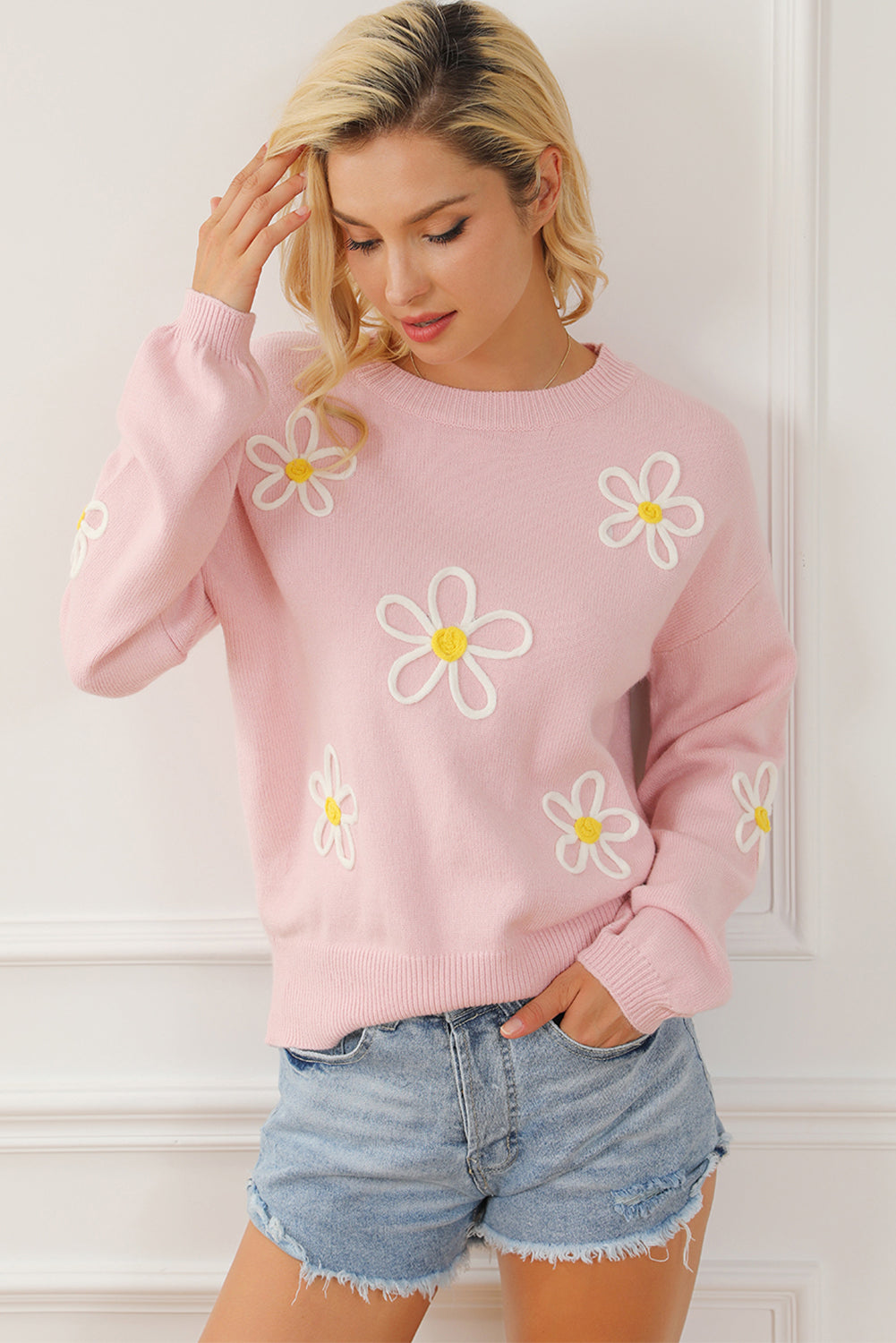 Pink Chenille Daisy Crew Neck Sweater