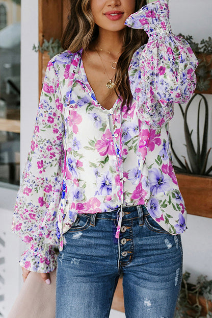 White Floral Smocked Blouse