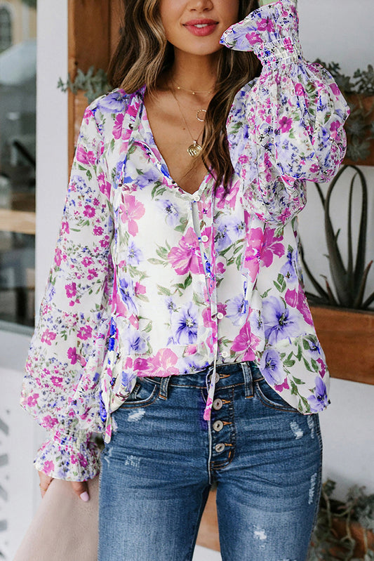 White Floral Smocked Blouse