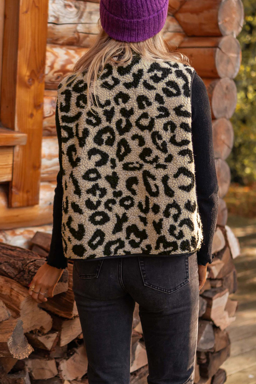 Black Leopard Print Sherpa Vest