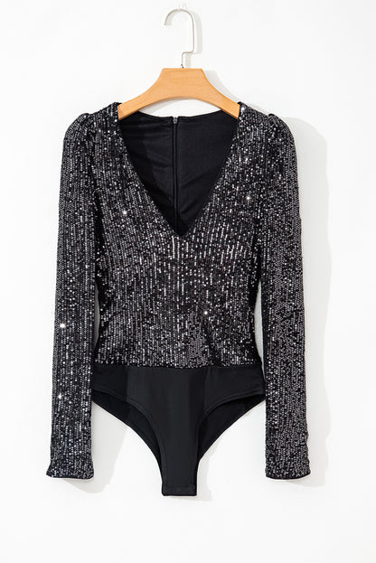 Black Sequin Long Sleeve Bodysuit