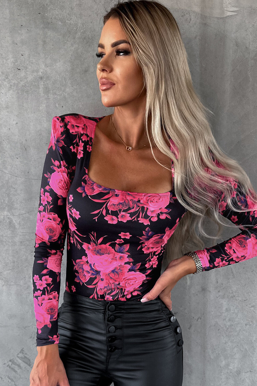 Rose Floral Print Square Neck Top