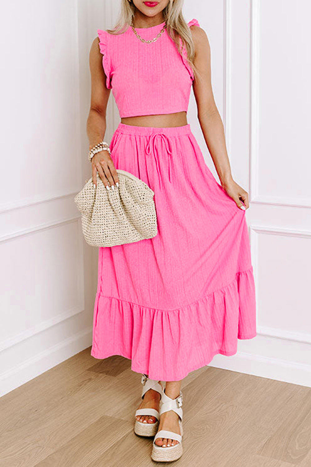 Pink Ruffle Trim Crop & Long Skirt Set