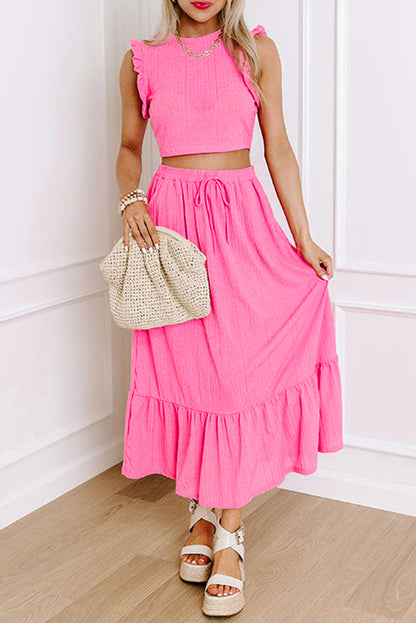 Pink Ruffle Trim Crop & Long Skirt Set