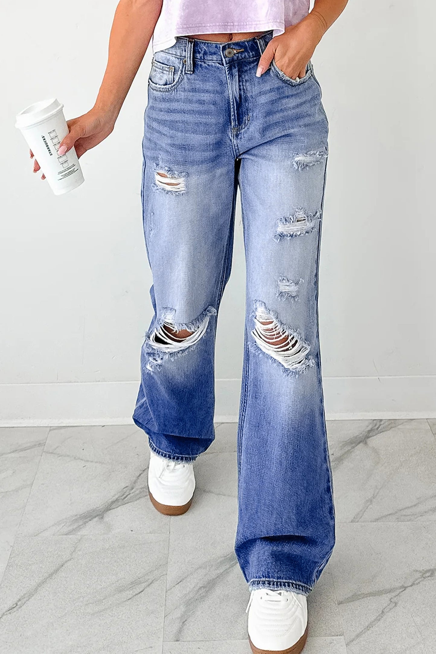 Blue Mid Rise Straight Leg Jeans