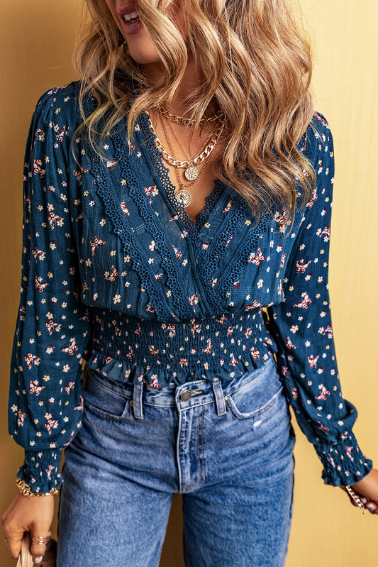Blue Lace Floral Smocked Blouse