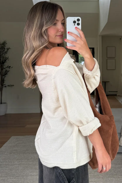 Waffle Knit Asymmetric Long Sleeve Top
