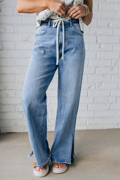 Blue High Rise Drawstring Jeans