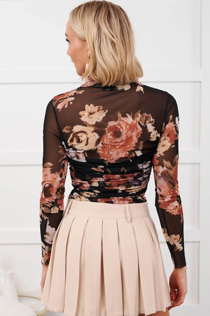 Brown Floral Mesh Long Sleeve Bodysuit