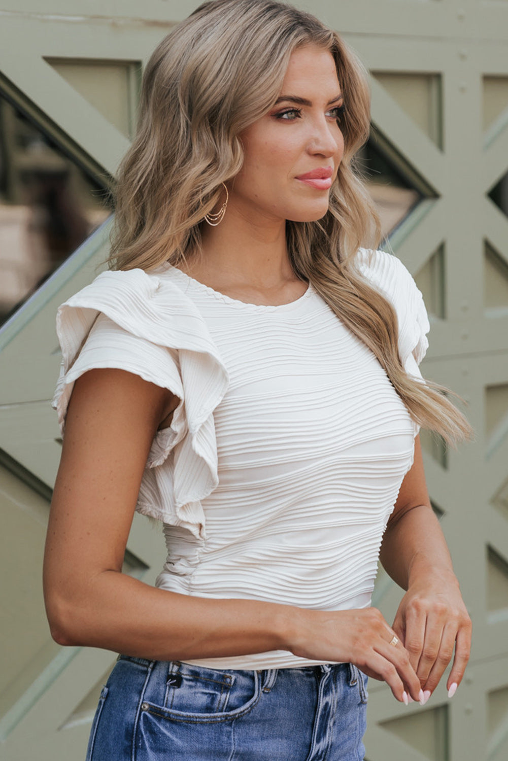 White Wavy Textured Ruffle Top