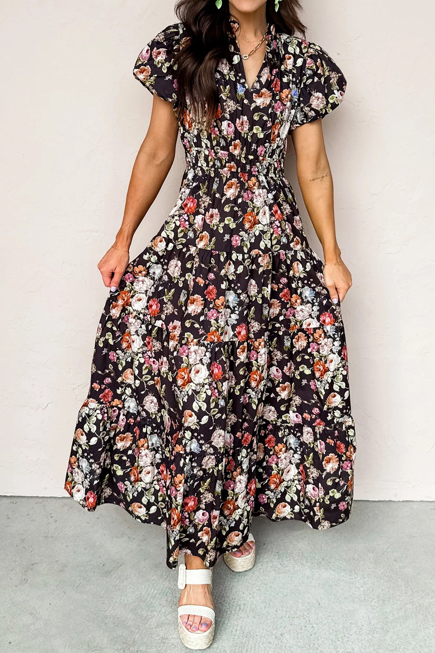 Black Floral Tiered Maxi Dress