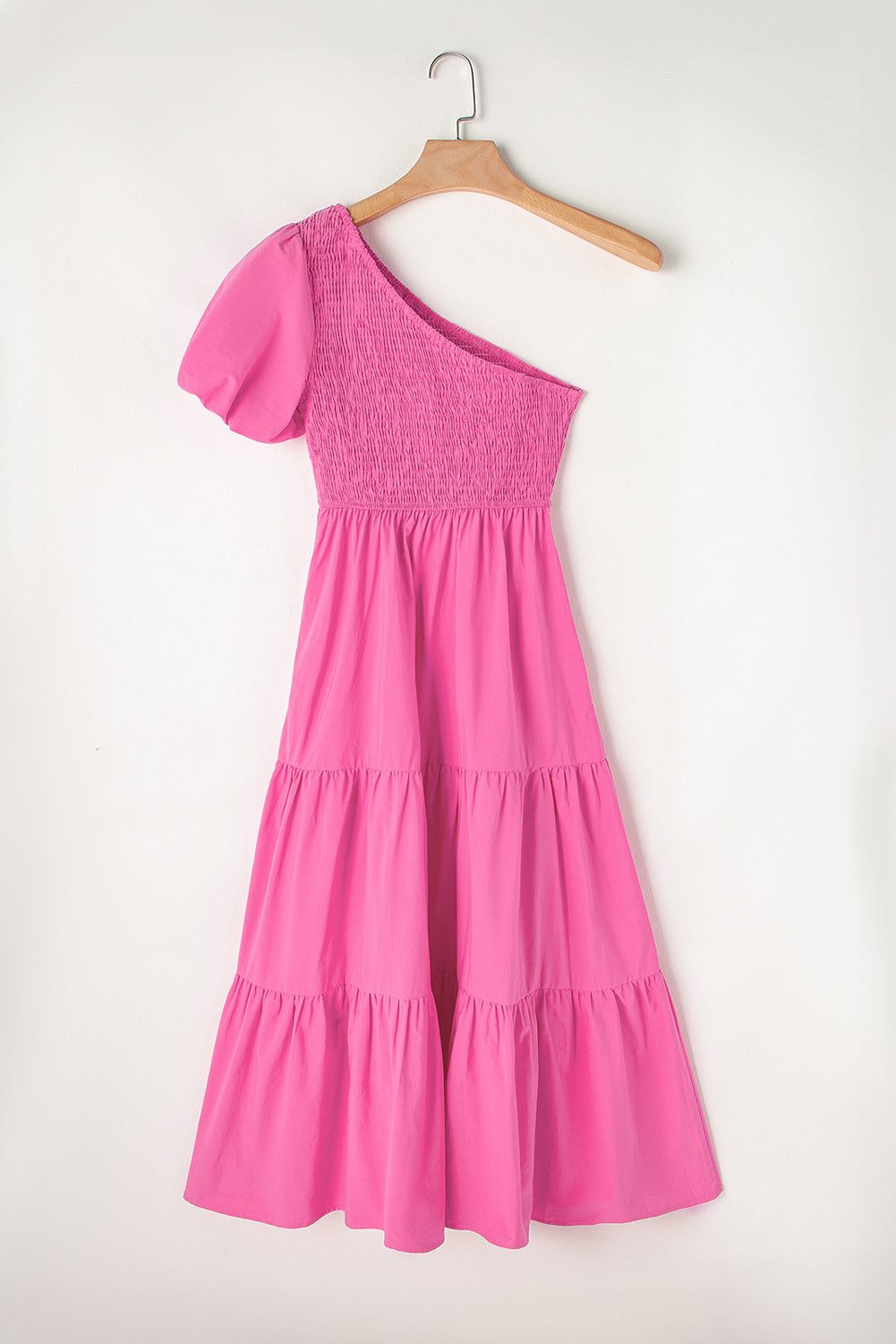 Strawberry Pink Asymmetric Tiered Midi Dress