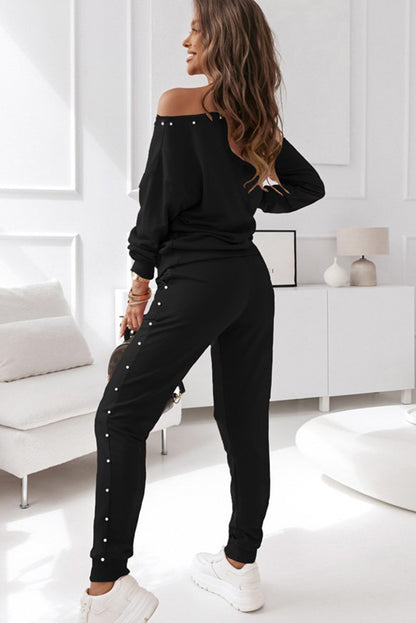 Black Beaded Pullover and Jogger Pants Set