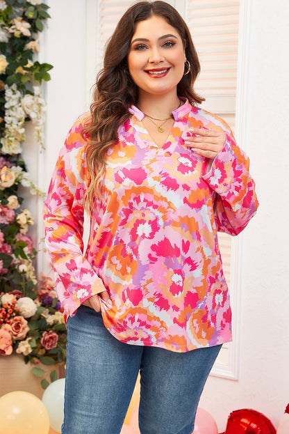 Pink Plus Size Abstract Floral Print Blouse