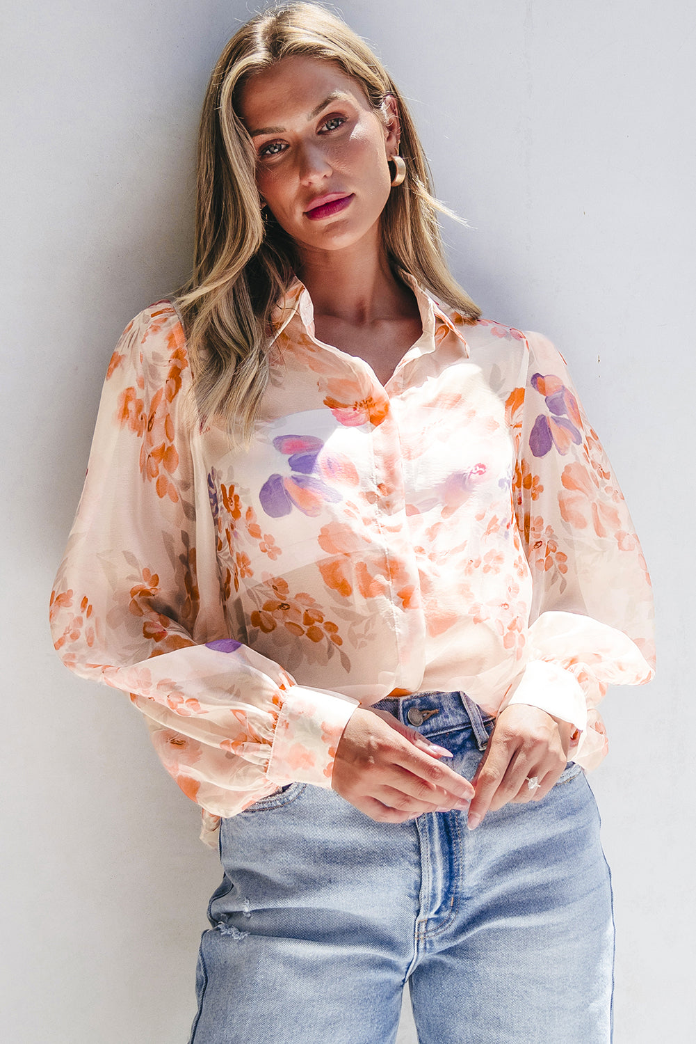 White Floral Print Loose Blouse