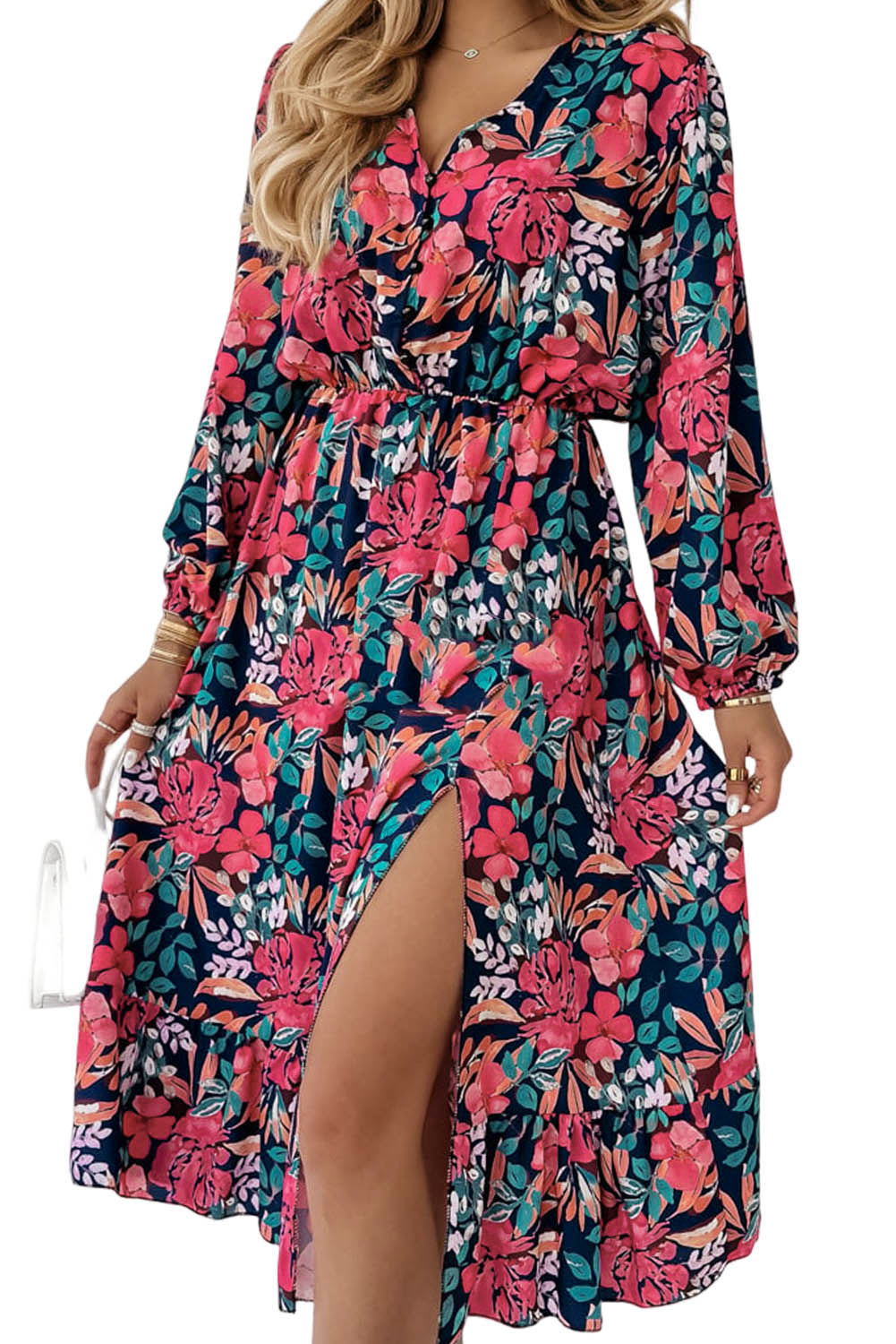 Floral V Neck High Waist Dress