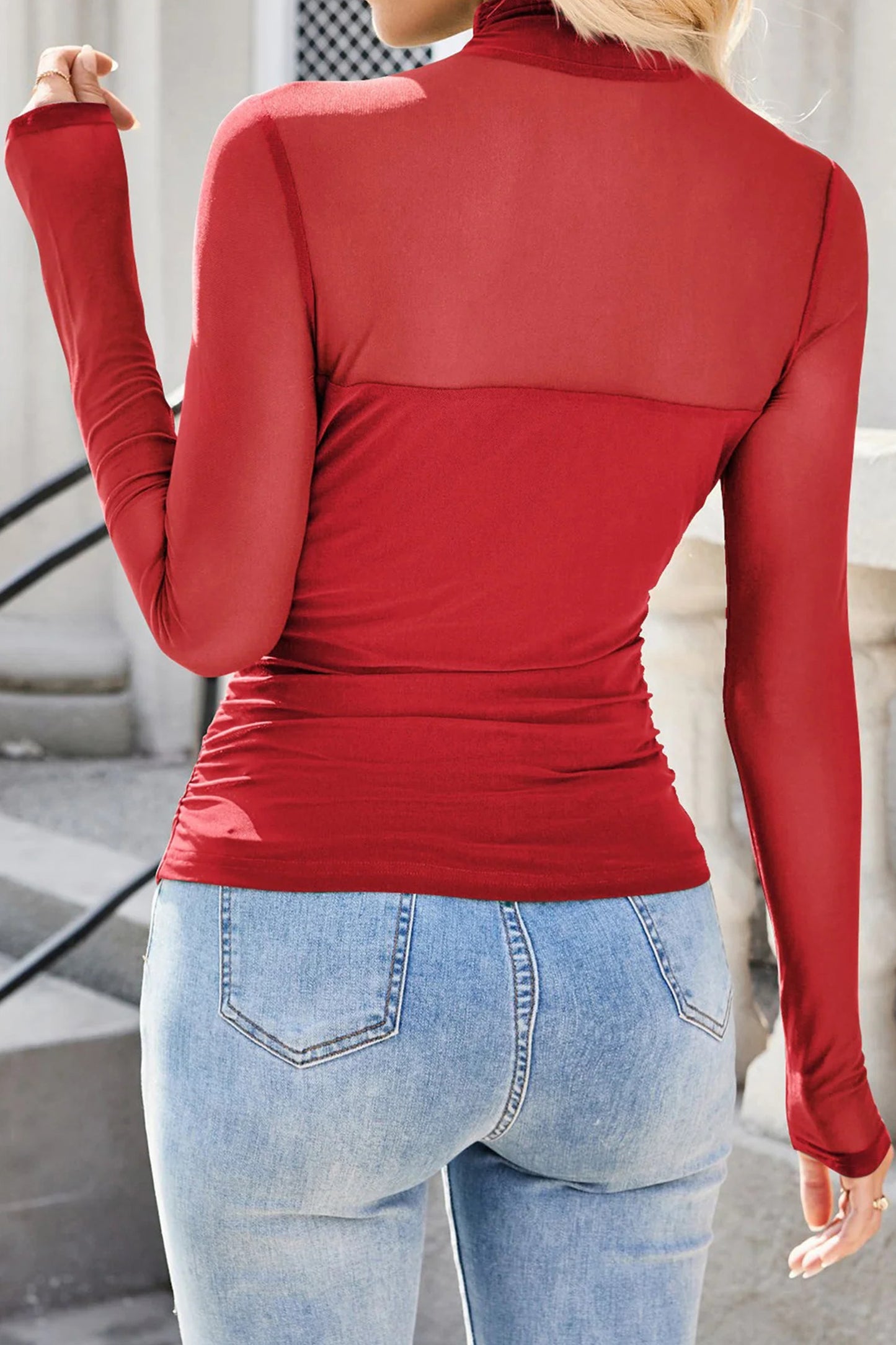 Red Sheer Mesh Long Sleeve Top