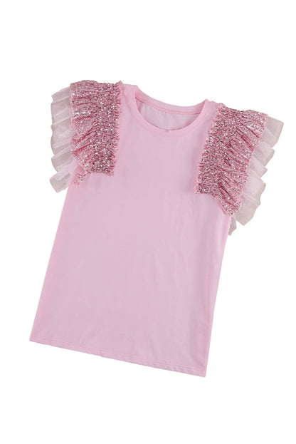 Pink Sequined Ruffle Top