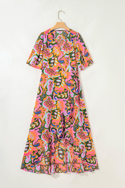 Rose Summer Print Ruffled Asymmetric Maxi Dress