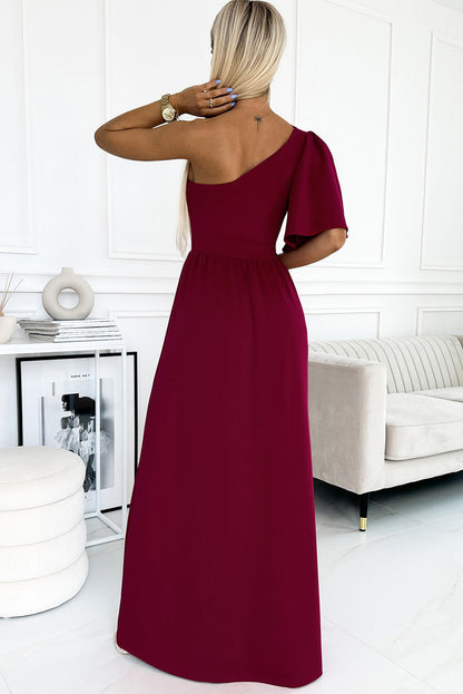 Burgundy One Shoulder Evening Dress