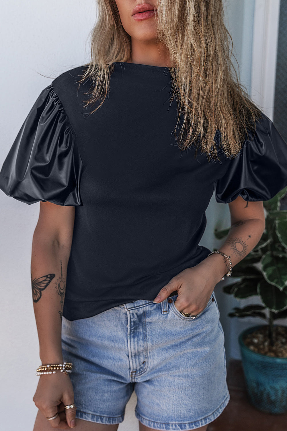 Black Faux Leather Puff Short Sleeve Top