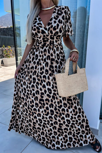 Khaki Leopard Open Back Maxi Dress